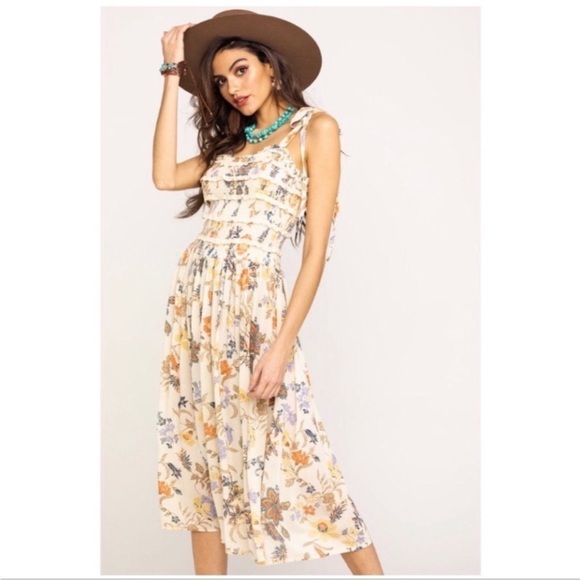 Free People Isla Floral Tie Strap Smocked Bodice Midi Dress Sweet Cream Small - Picture 1 of 16